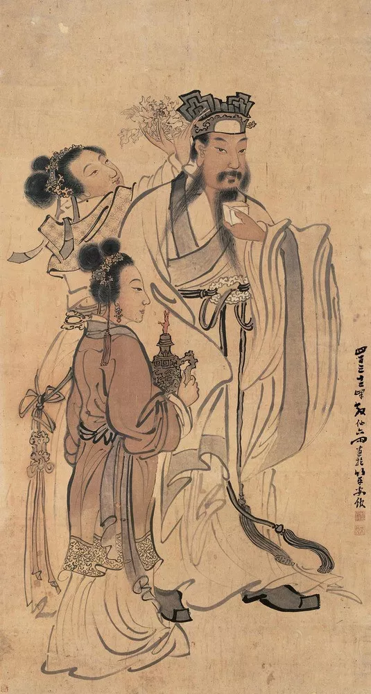 晚清苏六朋《簪花图》,描绘了宋真宗赏花给群臣的场景