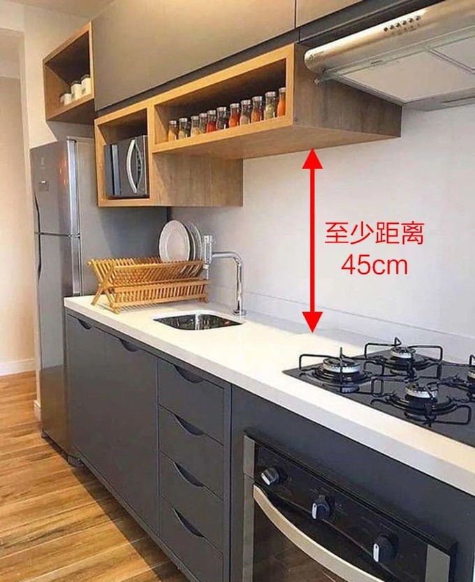 厨房的层高不足,或是吊柜的体积比较大,导致柜下空间无法再安装置物架