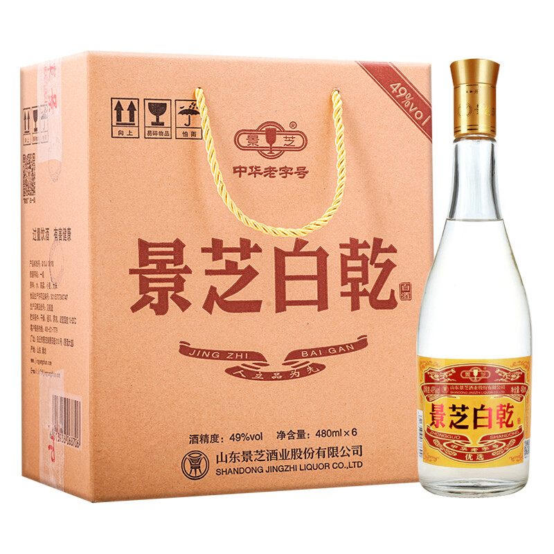 景芝白酒49度白干480ml*6瓶整箱装山东固态酿造粮食酒 109元京东去