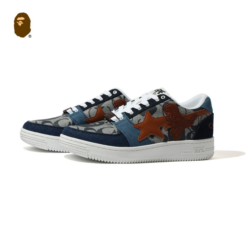 bape×coach联名男鞋猿人头老花交织拼接牛仔sta休闲鞋41901ch 3600元