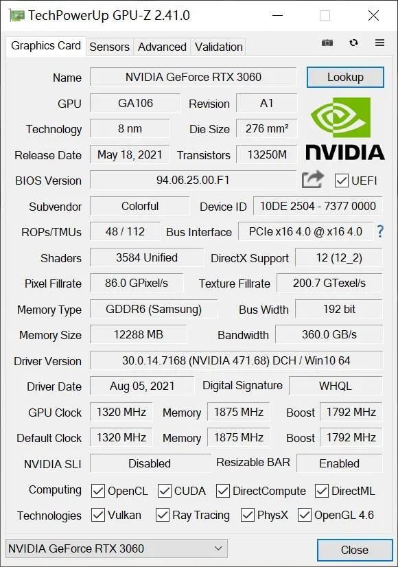 通过gpu-z可以看到,该模式下igame geforce rtx 3060 mini oc 12g l