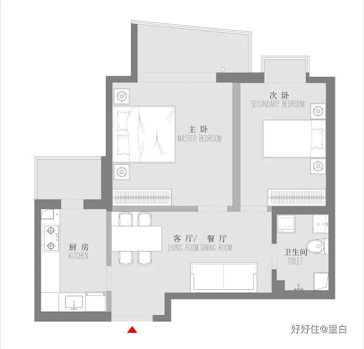 单面采光的68m05小黑屋卧室开面玻璃墙又美又亮