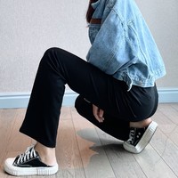 chic喇叭裤2022女韩版风格高腰无腰带阔腿裤常规锦纶面料黑色显瘦