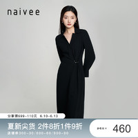 商场同款naivee纳薇22春新款通勤职场知性不对称褶皱黑色连衣裙