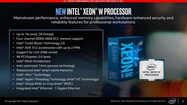 最高18核心：intel 英特尔 发布 Xeon W 家族处理器