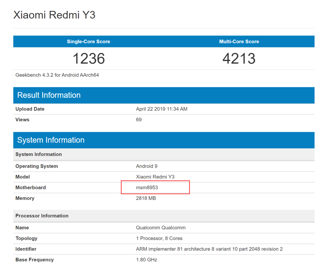 搭载骁龙625：Redmi 红米 Y3 现身 GeekBench