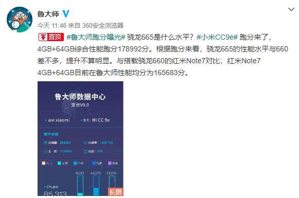 略优于骁龙660，高通好刀法：首发高通骁龙 665的小米 CC9e 鲁大师性能测试跑了17.8万分