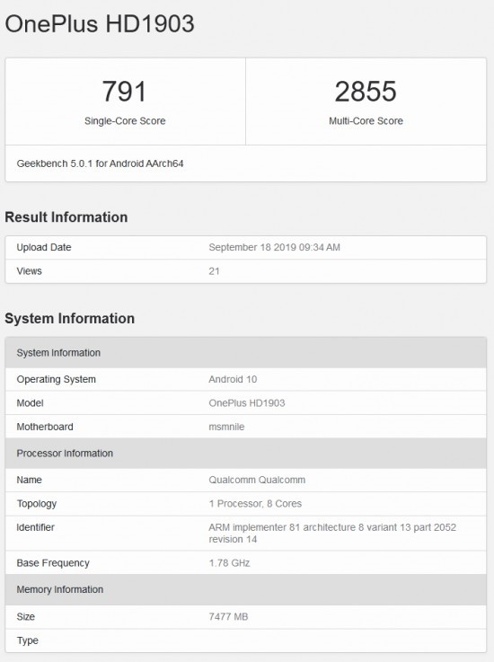 骁龙855 Plus+8G内存、预装Android 10：一加 7T 现身 GeekBench 5 跑分库