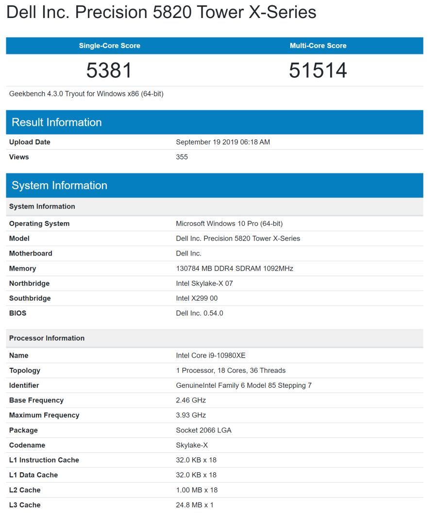 18核36线程：Core i9-10980XE 现身 Geekbench 数据库，频率和多核分令人疑惑