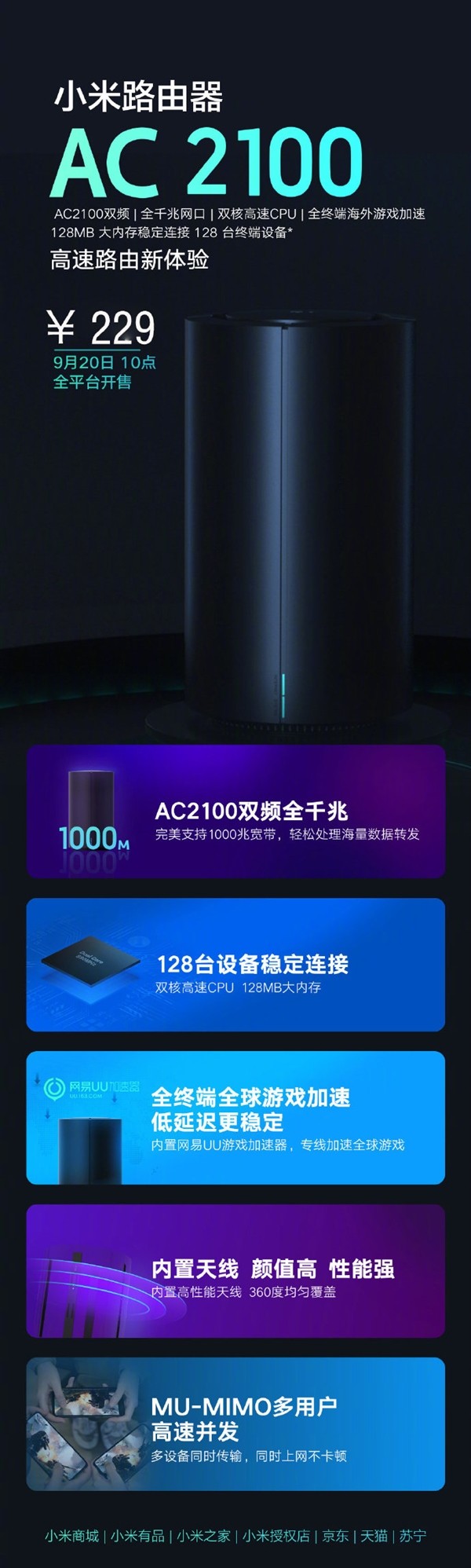 双频全千兆、自带加速器：MI 小米路由器 AC2100 首卖售价229元