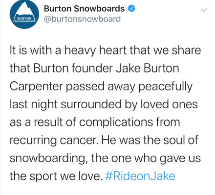 BURTON创始人、单板滑雪之父 Jake Burton 去世