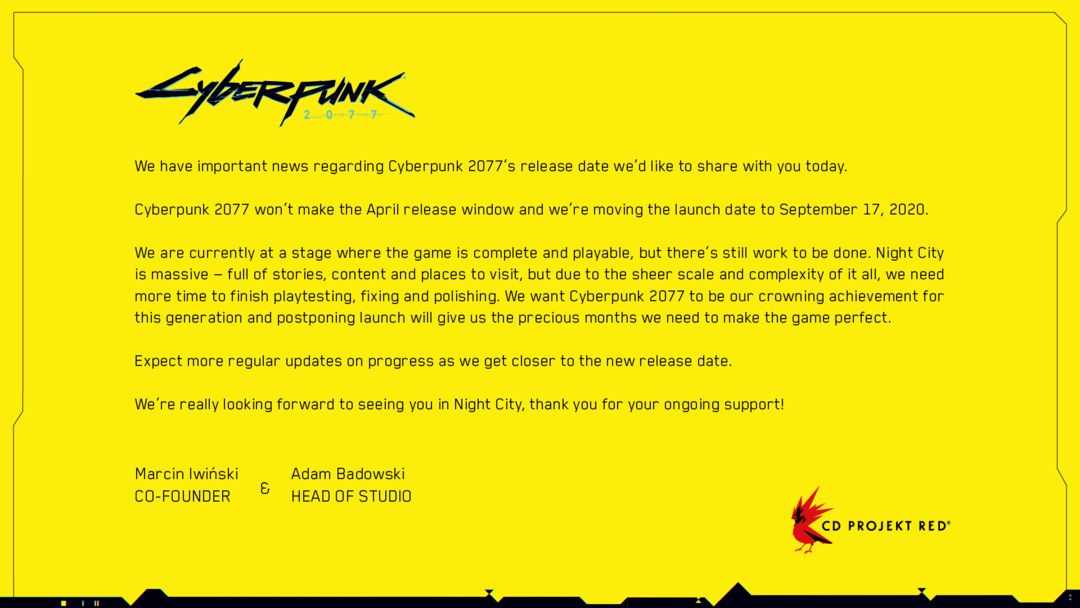 重返游戏：《赛博朋克2077》宣布延期 9月17日发售