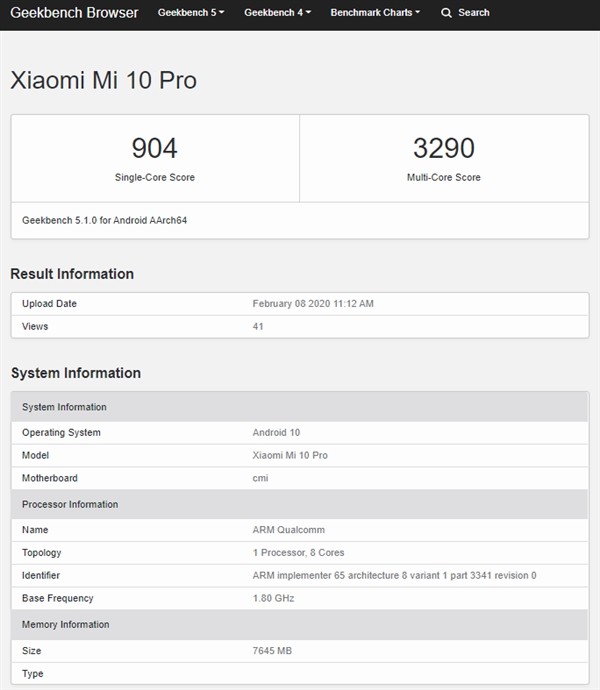 单核 904 分、多核 3290 分：小米 10 Pro 现身 Geekbench 跑分库