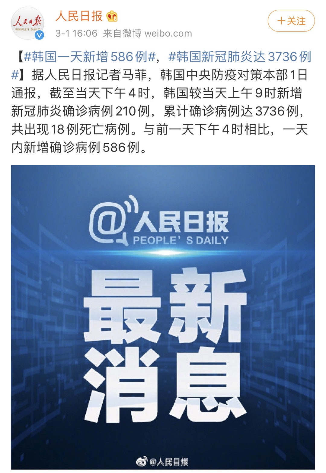 韩国新冠肺炎达3736例，激增一倍！中国反向援助韩国、日本、伊朗