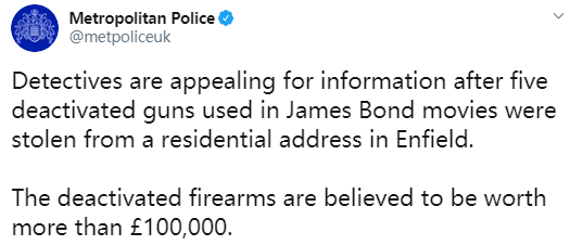 007电影配枪在伦敦被盗，总价值超过十万，目前警方已经介入调查