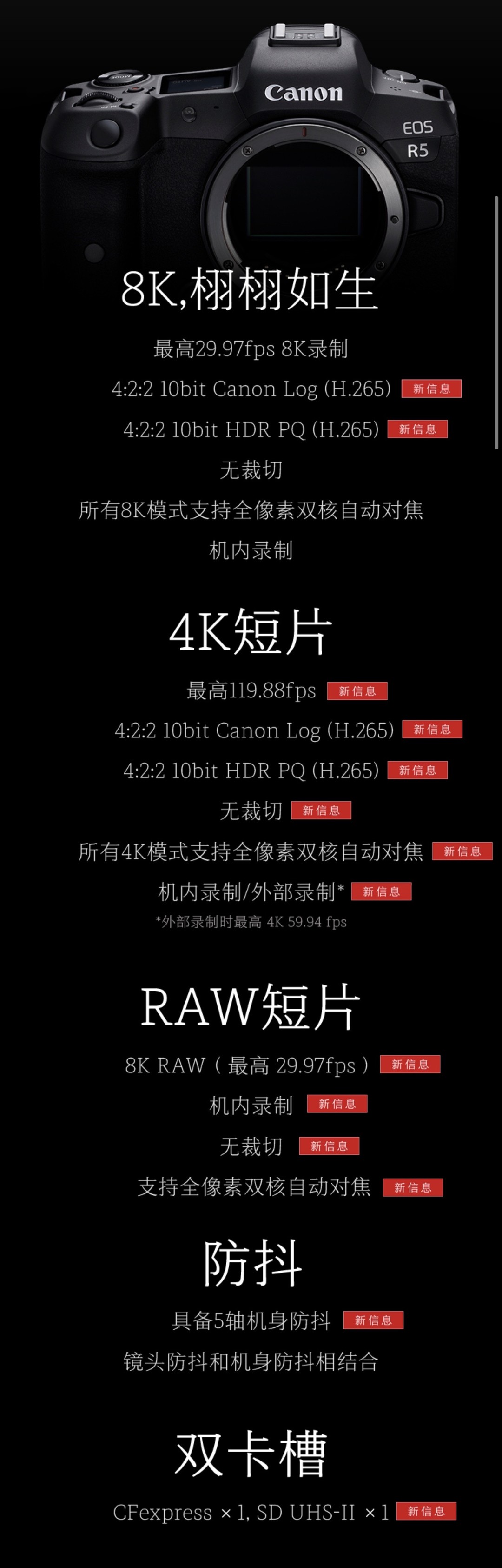 8K Raw视频机内录制，佳能EOS R5更多参数公开