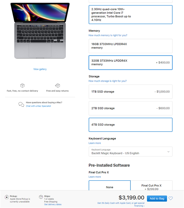9999元加量不加价，2020款MacBook Pro 13正式发布