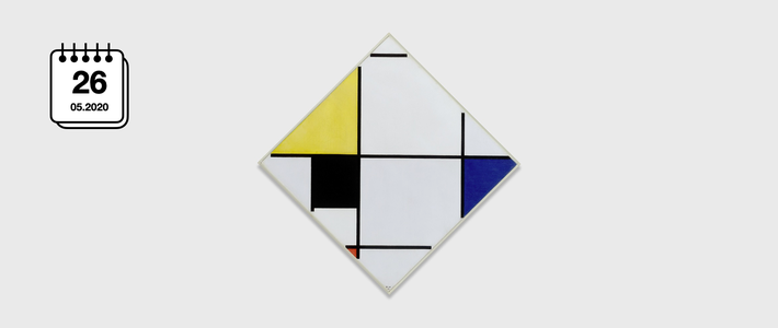 26 彼埃·蒙德里安 《黄,黑,蓝,红和灰色的菱形构成》