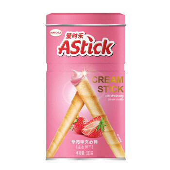 精致又美味的Astick爱时乐草莓味夹心棒（330克，铁罐装）