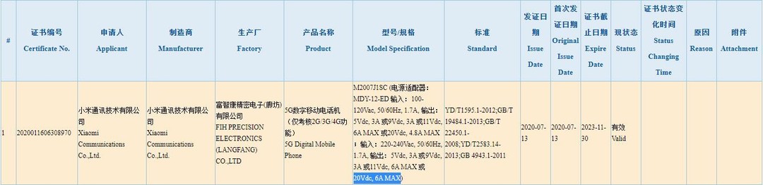 小米新款5G手机通过3C认证，标配120W充电器