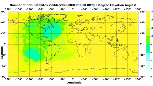 全球不同区域可见北斗卫星数量