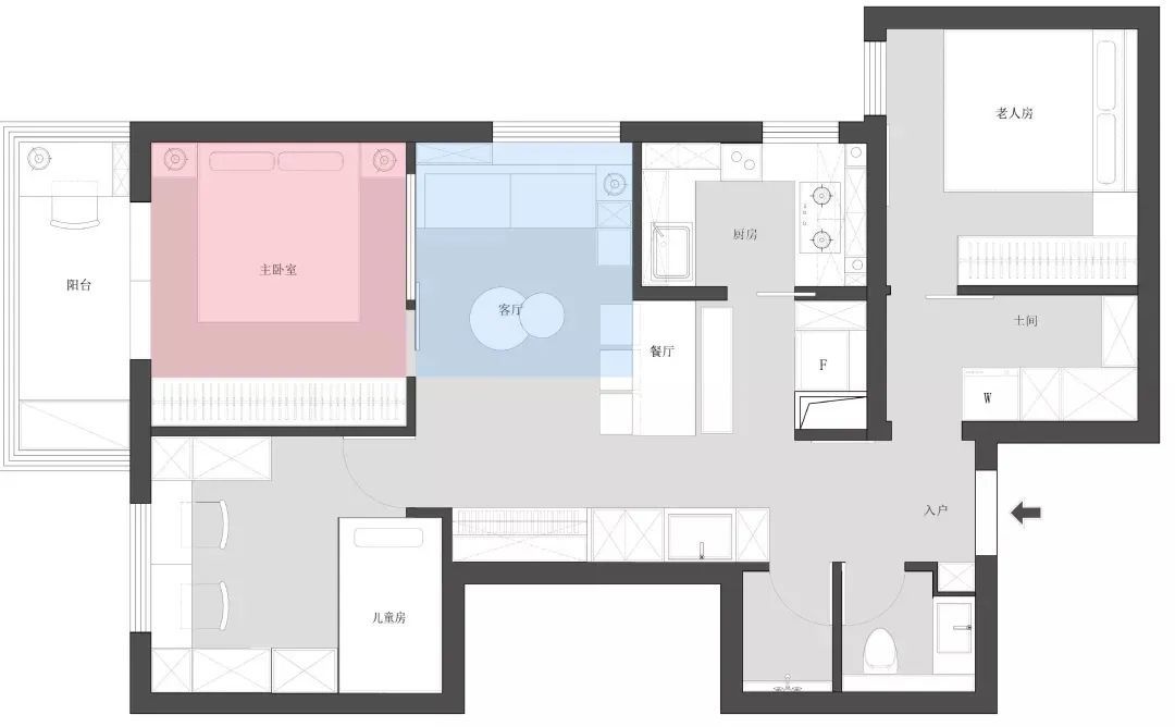 56㎡两居改三居，收纳、动线做得好，住下三代六口都不显小