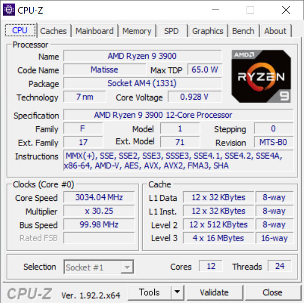 锐龙9 3900的CPU-Z截图