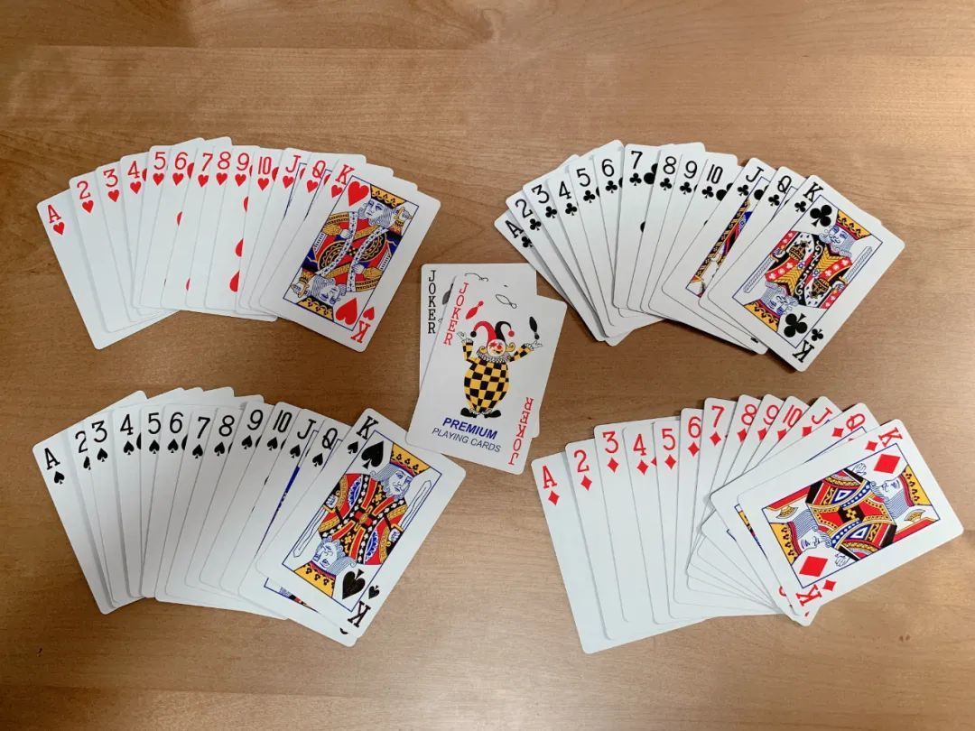 一付扑克,一共54张,其中 a,2,3……j,q,k一共是13张牌,各有4种花色