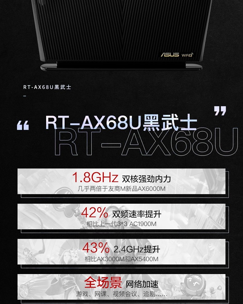 华硕 新一代Wi-Fi 6路由器AX68U上架电商，2700Mbps速率 AC68常规升级，首发价999元
