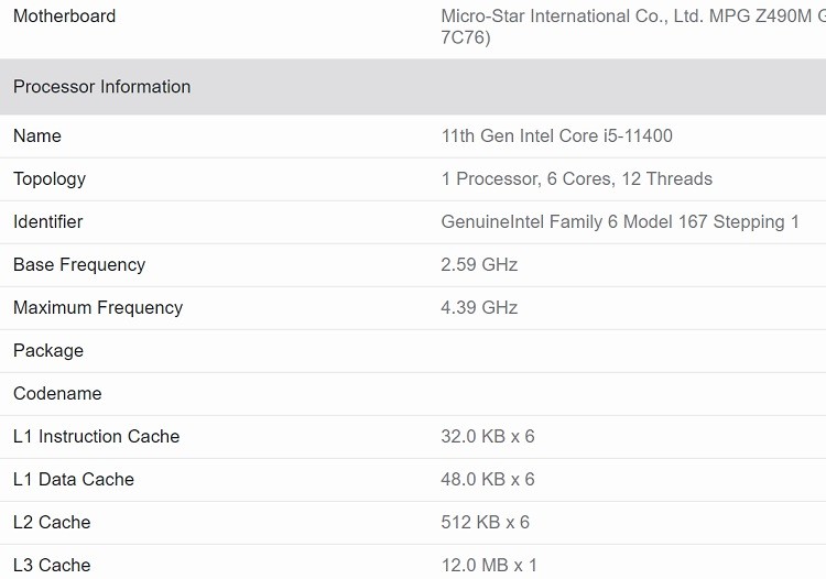 睿频4.4GHz、6核12线程：英特尔酷睿i5-11400现身Geekbench数据库