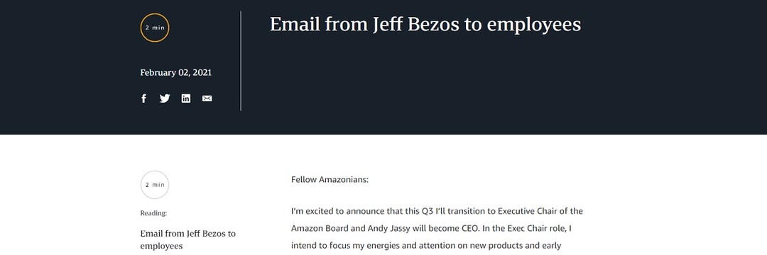 世界首富贝索斯宣布辞去亚马逊CEO的职位，由AWS负责人接任