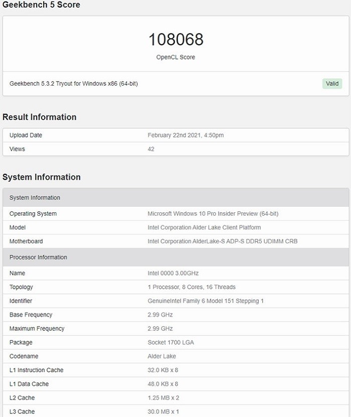 英特尔新款Alder Lake-S处理器现身Geekbench，8核16线程纯大核心配置