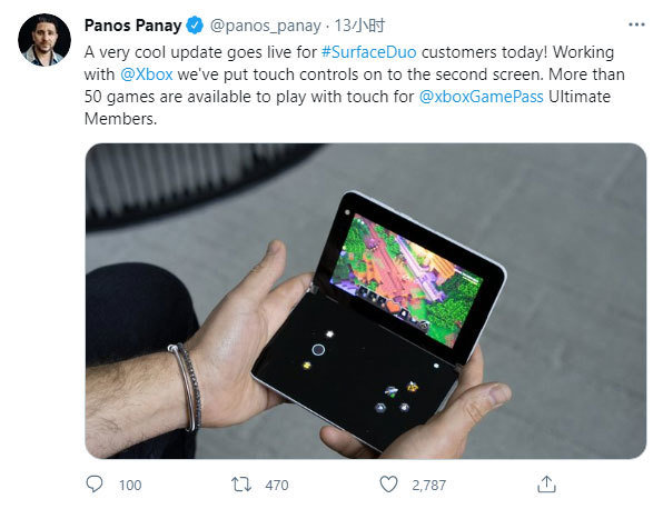 Surface Duo第二块屏幕可作虚拟手柄，用户畅玩游戏更加方便