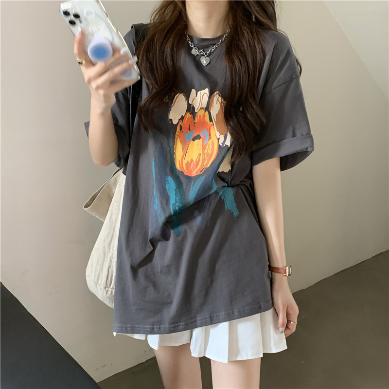 中长款短袖T恤女夏季韩版宽松设计感