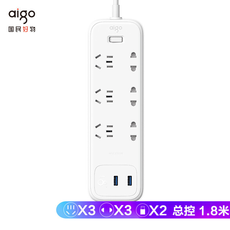 aigo插排：六孔位+双USB接口，支持18W快充，还拥有儿童安全门