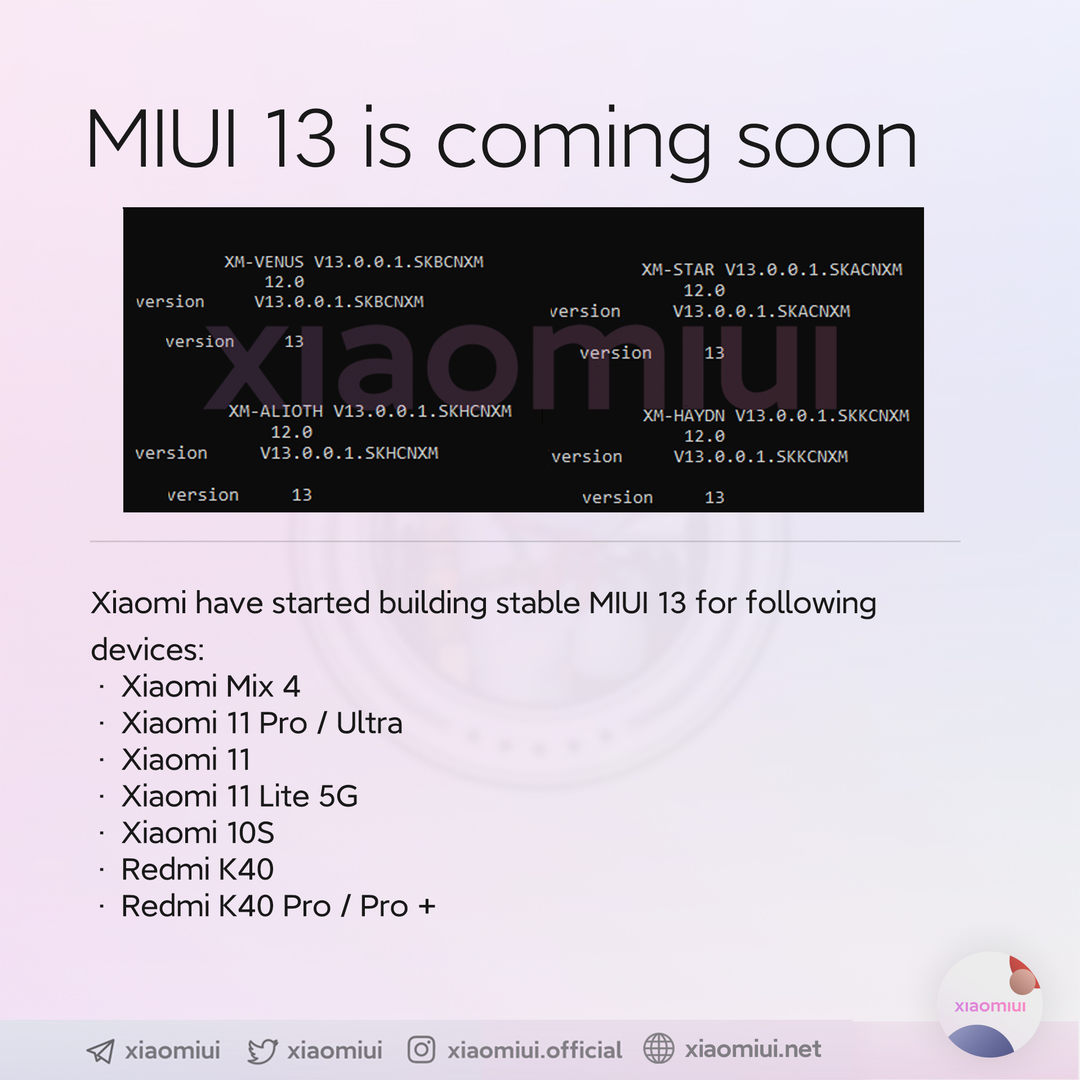 网传 MIUI 13 或于12月中下旬发布，首批9款机型