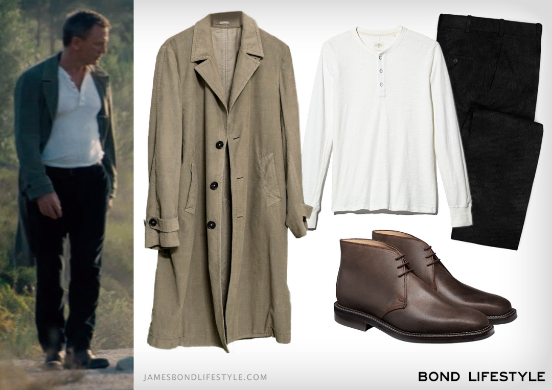 前往挪威找玛德琳时,穿的是苔灯芯绒翻领单排扣风衣外套搭配亨利衫和