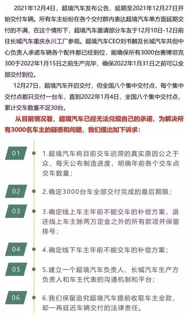 坦克300赛博朋克交车时间延长，官方发布情况说明并补贴用户