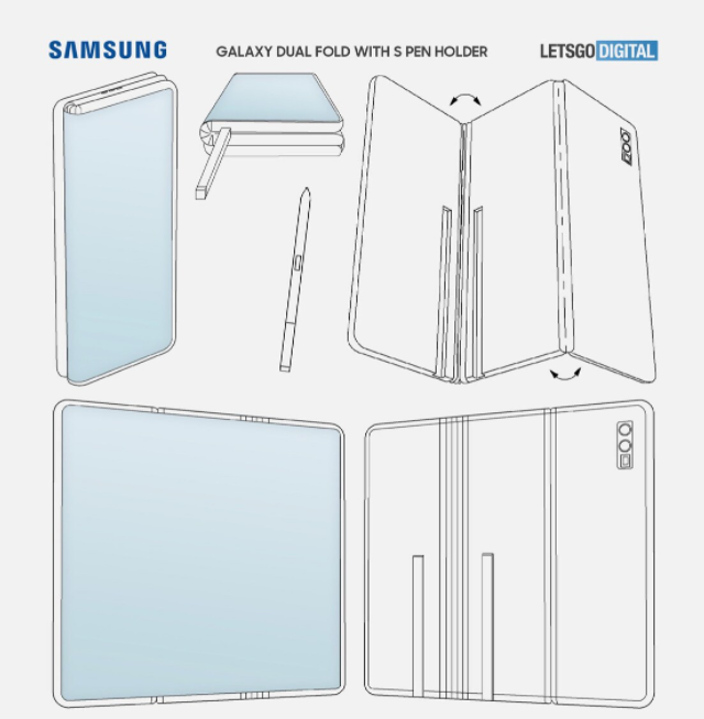 网传三星三折屏方案专利，手写笔可收纳，屏下摄像技术