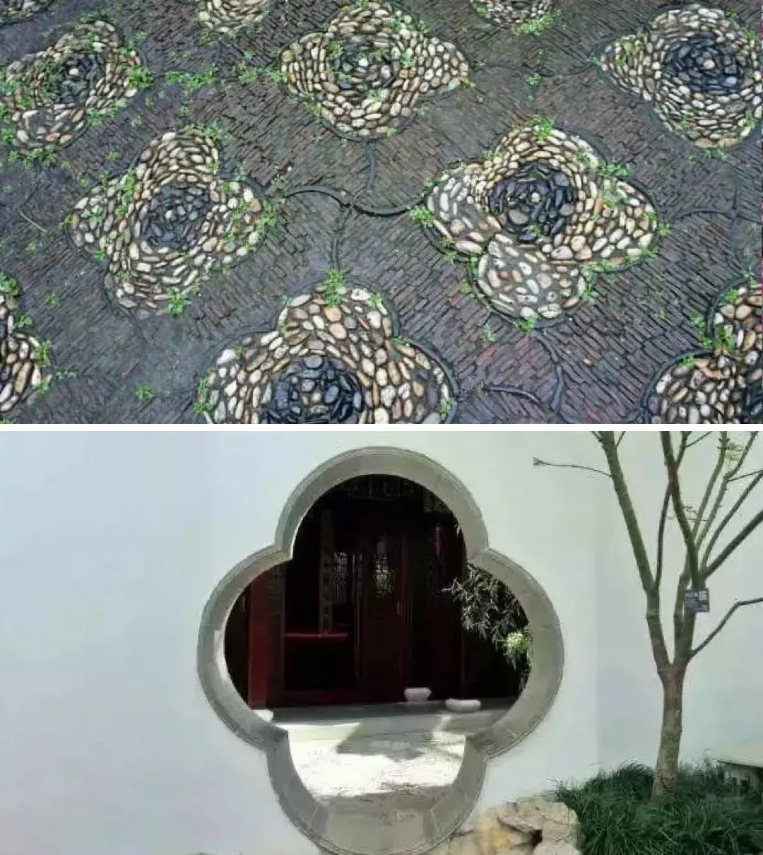 上：海棠花纹铺地；下：海棠式门 ©网络