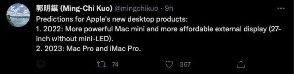 郭明錤：苹果今年将推出Mac mini 和显示器，2023 年推出 iMac Pro 或 Mac Pro