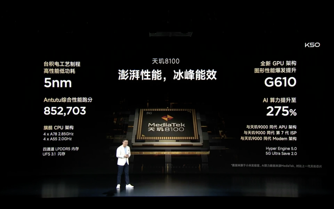 Redmi K50 发布：首发天玑8100、三星 2K 直屏、标配 OIS 光学防抖、5500mAh 大电池