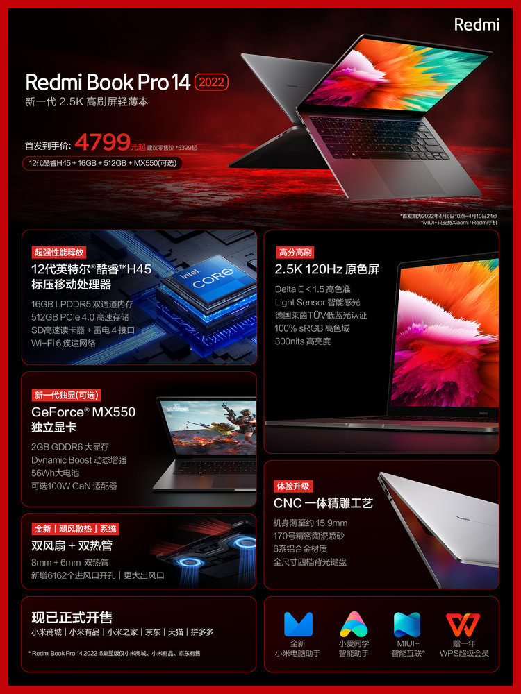 Redmi Book Pro 14 2022 笔记本今日发售：12代酷睿+MX550独显、2.5K 120Hz 屏