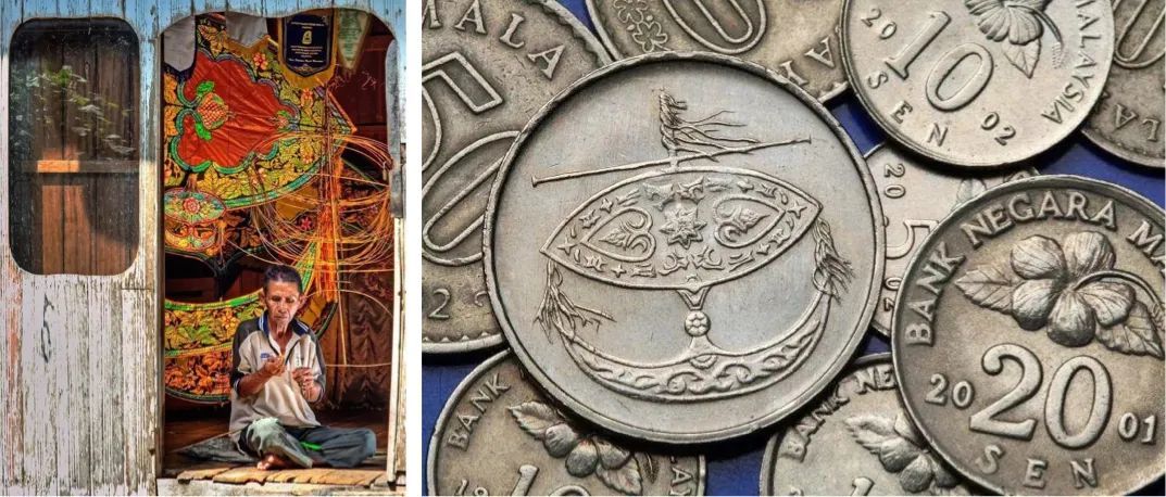 马来西亚制作月亮风筝的手艺人（左图）及硬币背后的月亮风筝图案（右图）。（图源网络）