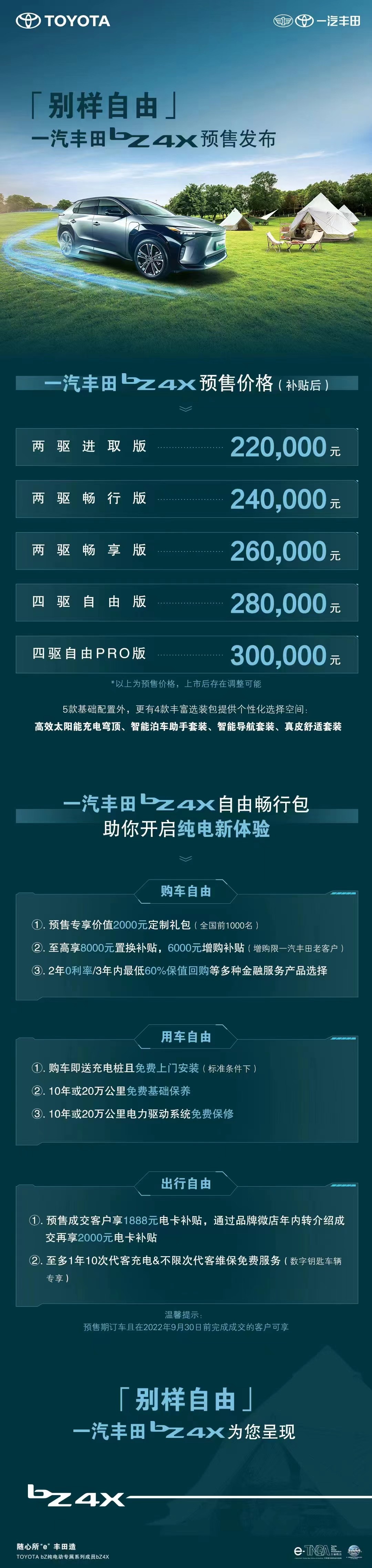 丰田bZ4X正式预售，售价22万元起，拥有两种动力可选