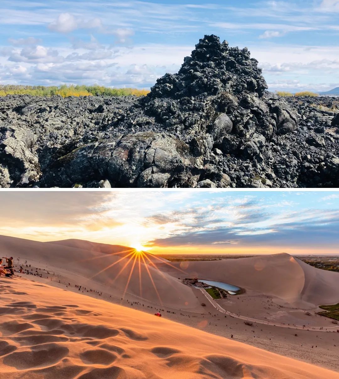 上：喷涌而出的岩浆凝固在五大连池的岩石里 ©图虫创意；下：万顷海浪经地质演化形成的阿拉善沙漠世界地质公园 ©图虫创意