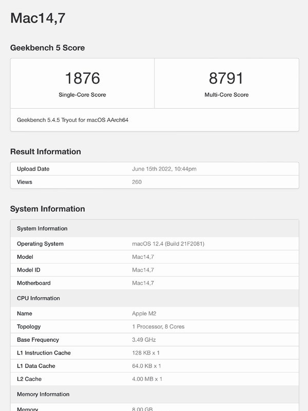 苹果 M2 芯片跑分出炉：主频3.49GHz、提升约20%