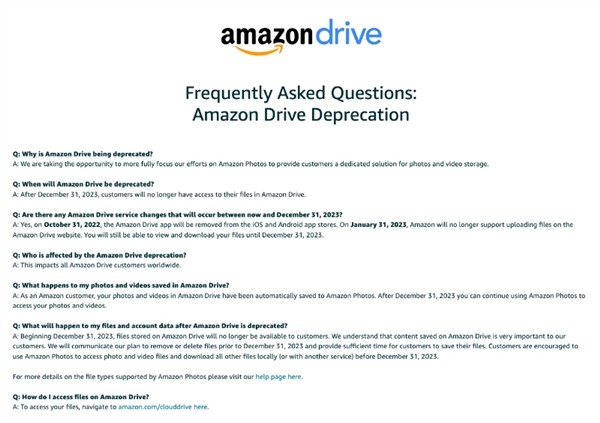 亚马逊宣布将关闭 Amazon Drive 云存储服务