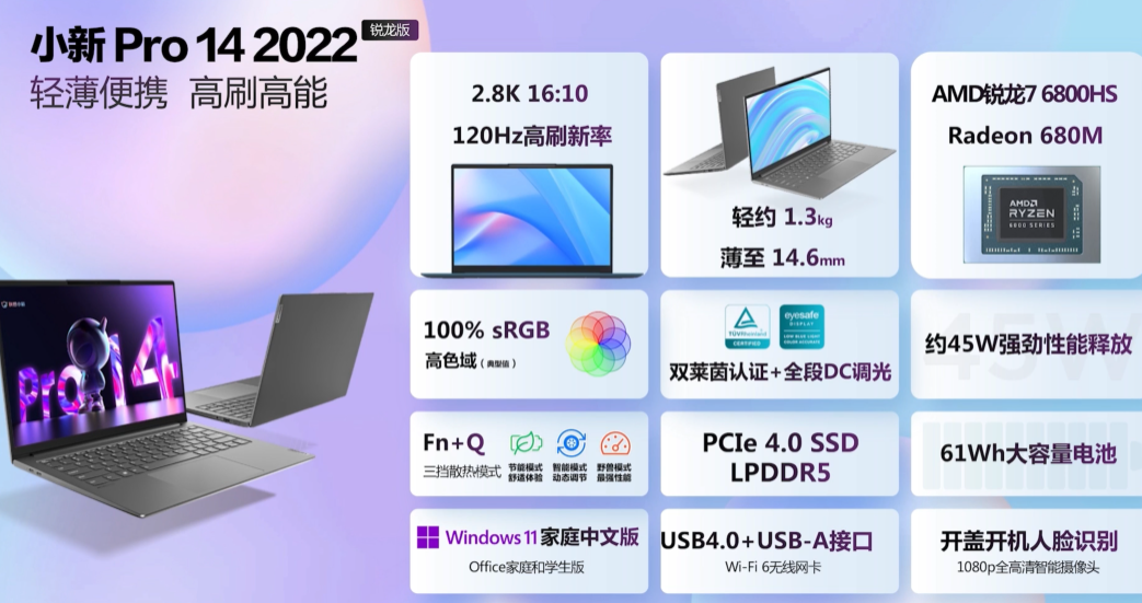 小新 Pro 14 2022 酷睿&锐龙版发布、H标压处理器配合2.8K 120Hz高刷屏
