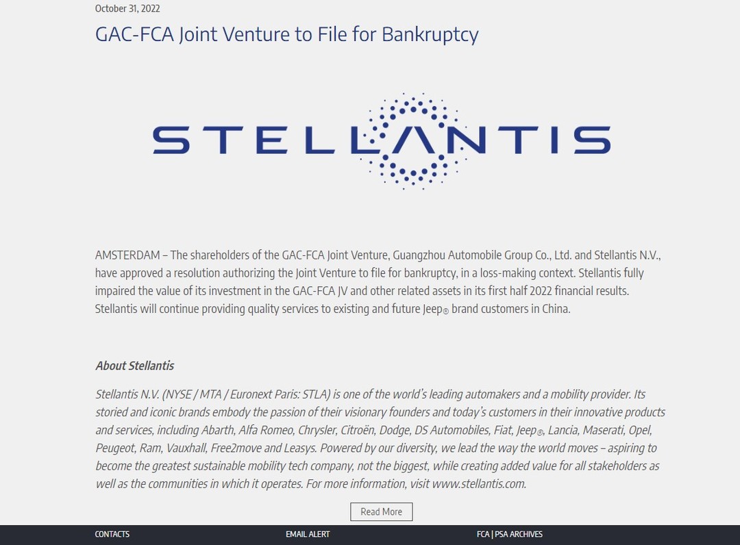 Stellantis官网宣布广汽菲克将申请破产